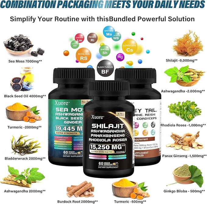 ShilajitSea Moss Black Seed OilMushroom &amp Herb Supplement with Lions Mane Turkey Tail Reishi Cordyceps Chaga Ashwagandha Ginger Rhodiola Rosea &amp Panax GinsengAll in One Supplement.