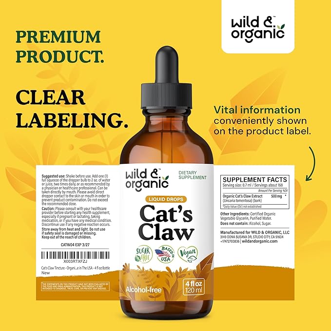 Wild &amp Organic Cats Claw Herb Supplement - Immune Support - Pure Cats Claw Tincture - Add to Tea Liquid Drops - Uncaria Tomentosa Bark - Vegan Sugar &amp Alcohol-Free - 4 fl oz