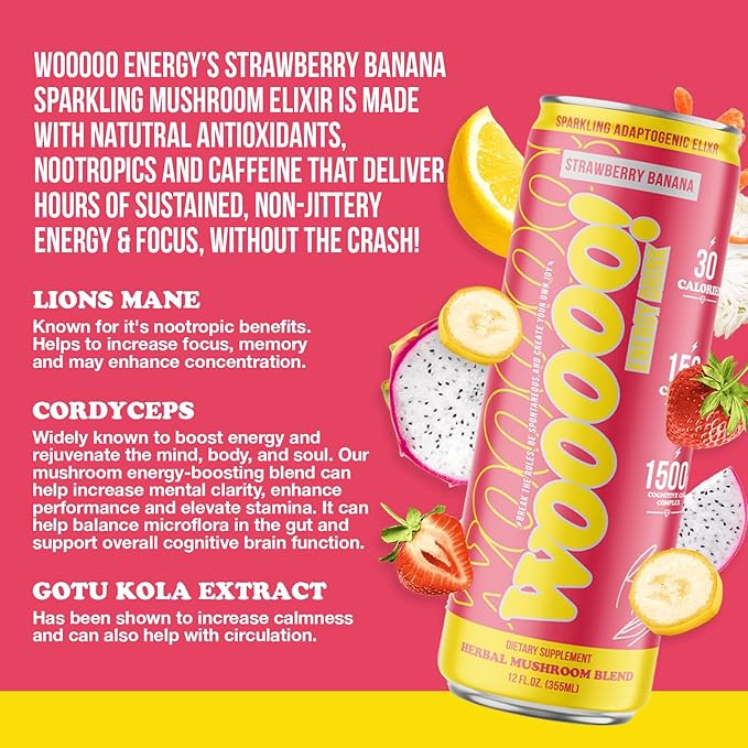 Wooooo! Energy Ric Flair Sparkling Adaptogenic Mushroom Energy Drink | Natural Antioxidants &amp Nootropics | Lion’s Mane &amp Cordyceps | 150mg Caffeine | 12 Pack (Strawberry Banana)