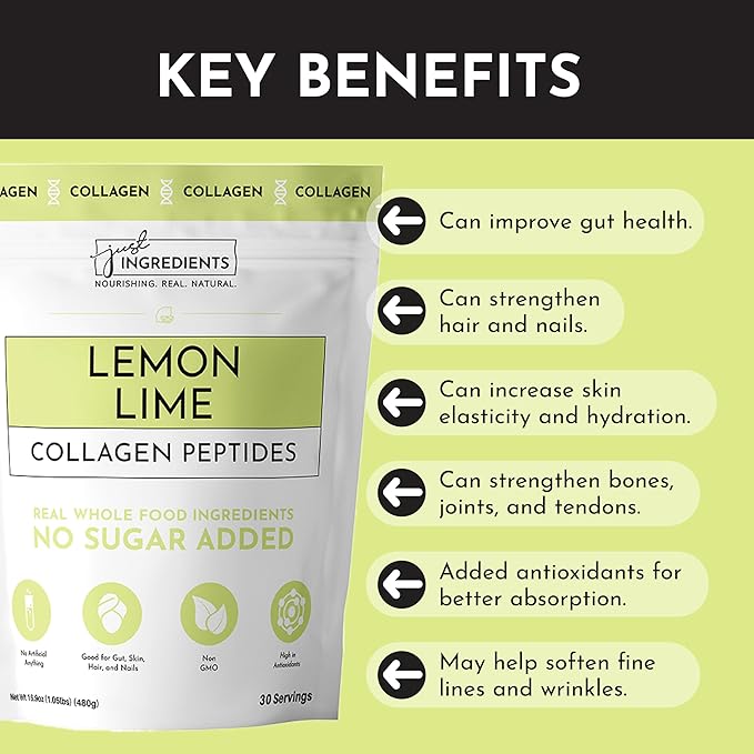 JUST INGREDIENTS Lemon Lime Collagen Peptides – 30 Servings – Supports Joint Skin Hair &amp Nail Health with Grass-Fed Hydrolyzed Collagen Types I &amp III – Refreshing Lemon Lime Flavor