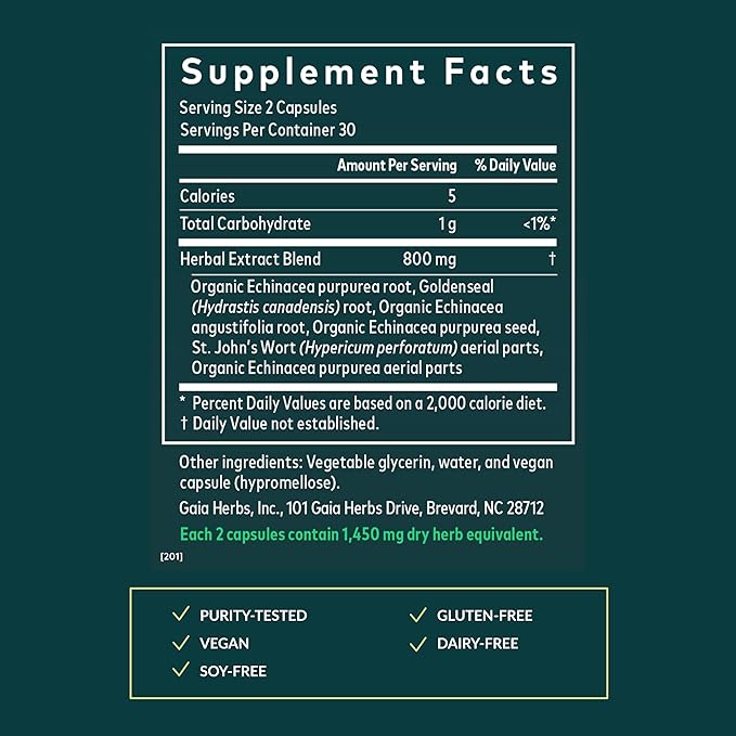 Gaia Herbs Echinacea Goldenseal - Immune Support with Echinacea &amp Goldenseal Root - Traditionally Used to Help Maintain a Healthy Respiratory System* - 60 Vegan Liquid Phyto-Caps (30 Servings)