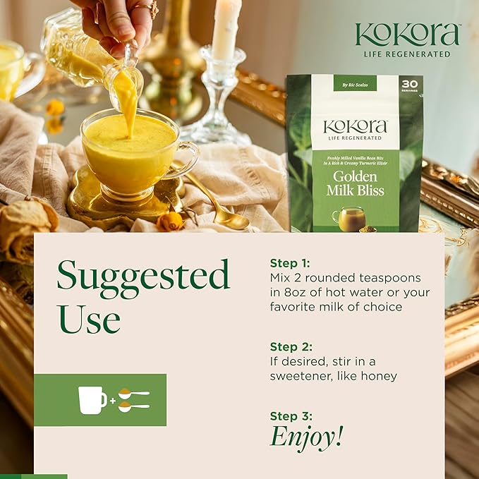 Kokora Golden Milk Bliss - Relax Restore Calm the Mind* - Regenerative Organic Certified Turmeric Ashwagandha Holy Basil &amp Ginger - Vegan Non-GMO No Added Sugar - 120g - 30 Servings