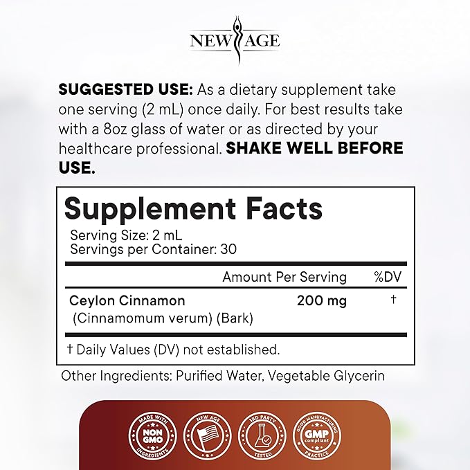 NEW AGE Ceylon Cinnamon Tincture Drops - Liquid Cinnamon Supplements for Overall Support - Cinnamomum Verum Bark Extract - Vegan Sugar &amp Alcohol-Free Non-GMO - 8 fl oz