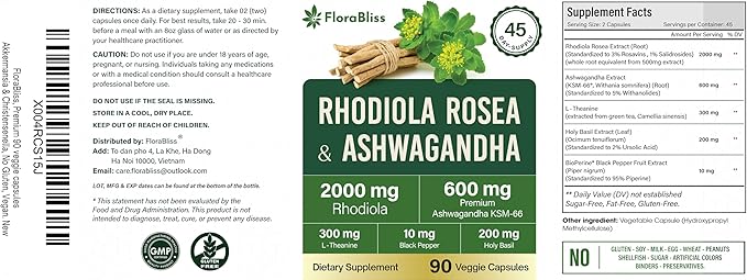 FloraBliss Rhodiola Rosea with Ashwagandha KSM-66 L-Theanine Holy Basil &amp BioPerine - 90 High Potency Vegan Capsules - 45-Day Supply - No Artificial Additives