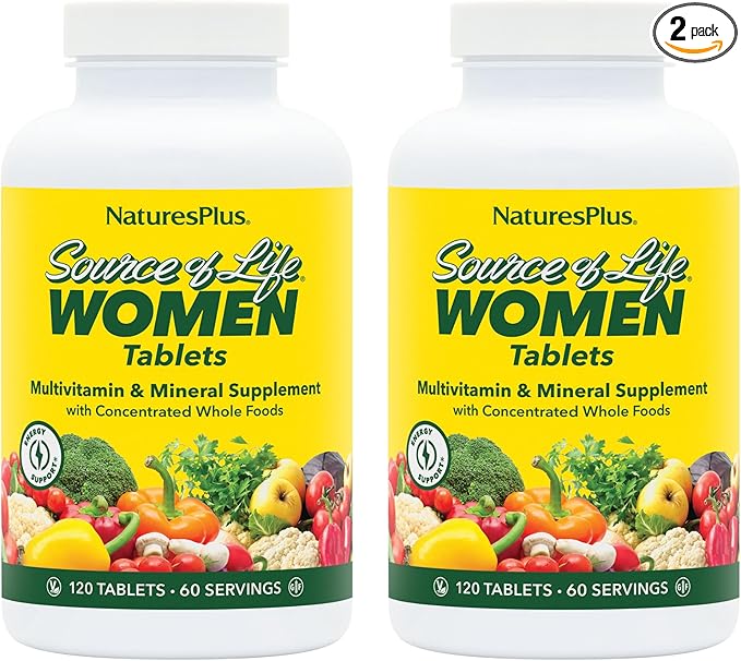 NaturesPlus Source of Life Women - 120 Tablets Pack of 2 - Multivitamin &amp Mineral Supplement - with Iron Calcium Folate &amp Lutein - Gluten Free Vegetarian - 120 Total Servings