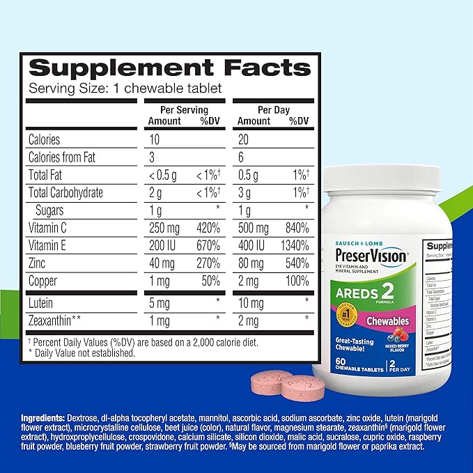 PreserVision AREDS 2 Eye Vitamins #1 Eye Doctor Recommended Brand Chewable Lutein and Zeaxanthin Supplement with Vitamin C Vitamin EZinc and Copper Mixed Berry 60 Tablets