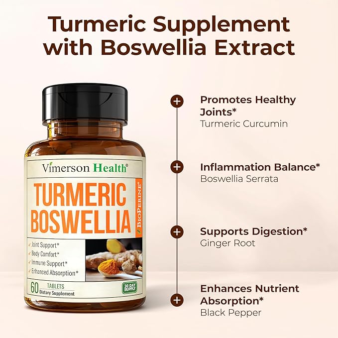 Boswellia Serrata Turmeric Supplement for Joint Support &amp Inflammation Balance – Turmeric Boswellia Supplement with Ginger &amp Black Pepper Extract for Enhanced Absorption – Non-GMO - 60 Tablets
