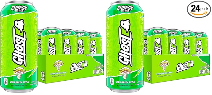 GHOST Energy DrinkWarheads Sour Green Apple16oz - Energy &amp Focus &amp No Artificial Colors - 200mg of Natural CaffeineL-Carnitine-&amp Taurine - Gluten-Free-&amp Vegan(Pack of 24)