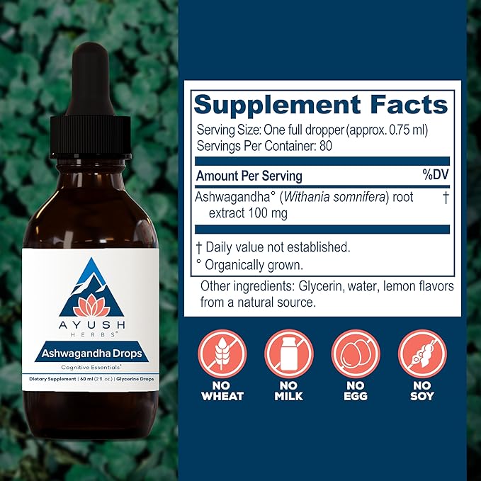 Ayush Herbs Ashwagandha Drops - Ashwagandha Alcohol-Free Drops for Adults Calming Daily Supplement for Focus &amp Attention with Organic Ashwagandha Lemon Flavor - 2 Fl Oz (80 Servings)