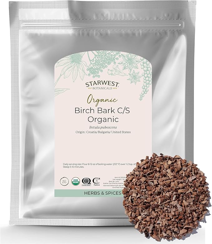 Starwest Botanicals Organic Birch Bark - Dried Herb for Tea &amp Natural Herbal Blends Pure Betula Pubescens Cut &amp Sifted Certified Kosher Non-GMO - Bulk 1 lb Bag