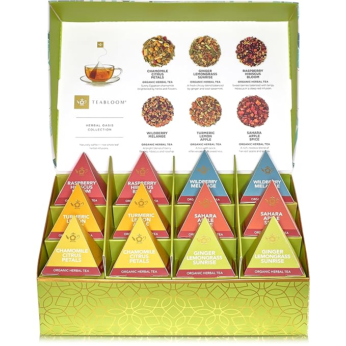 Teabloom Organic Herbal Oasis Pyramid Tea Presentation Box 12 Assorted Herbal Tea Blends USDA Certified Organic Whole-Leaf Pyramid Tea Sachets
