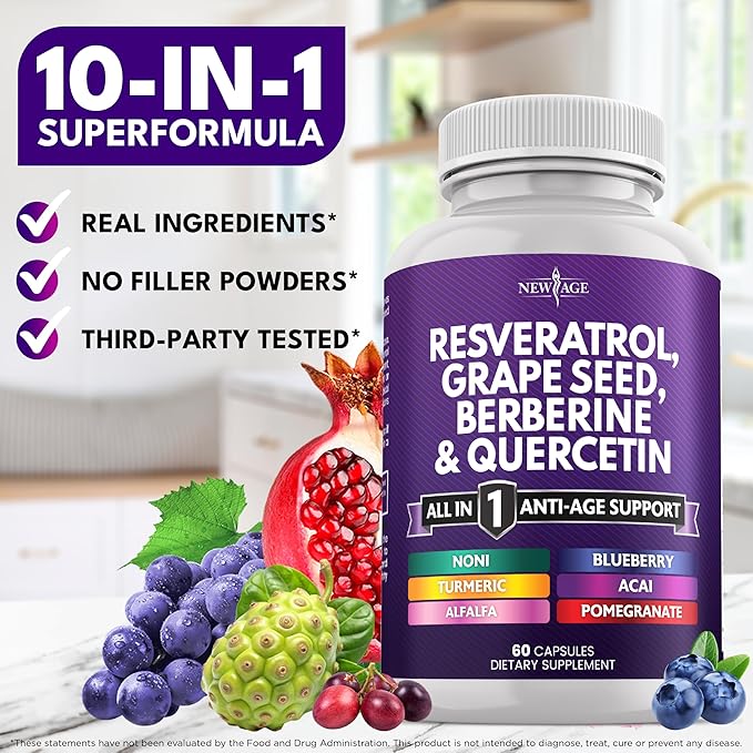 NEW AGE Resveratrol Berberine Grape Seed Extract Quercetin - Polyphenol Supplement for Women and Men with Noni N-Acetyl Cysteine Acai - 60 Capsules
