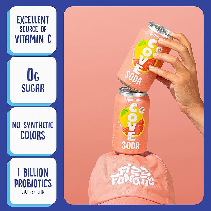 Cove Probiotic Soda Zero Sugar Better-For-You Alternative - Refreshing Delicious Probiotic Drink No Synthetic Colors &amp Caffeine Free - Grapefruit 12 Pack