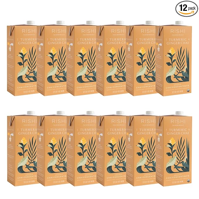 Rishi Tea Turmeric Ginger Chai Latte - Organic Herbal Tea Concentrate with Ginger - Easy-to-Serve Hot or Iced Caffeine Free - 32 Fl Oz (Pack of 12)