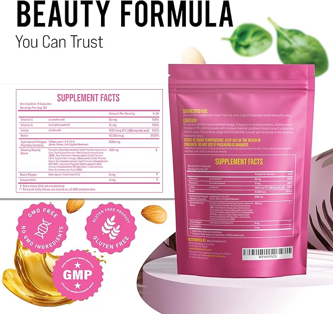 Collagen for Women – Hydrolyzed Multi Collagen Peptides Types I II III V &amp X – Collagen Supplement with Vitamin C Biotin &amp Hyaluronic Acid – Grass Fed Non-GMO 240 Capsules