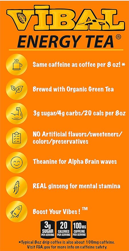 VIBAL ENERGY TEA Spicy Ginger 16 Fl Oz 6-Pack Natural Energy High Caffeine Ginseng Theanine Low Sugar Low Carb Low Calorie Adaptogens Nootropics