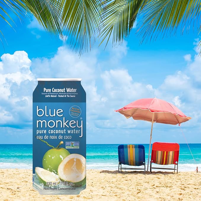 Blue Monkey Coconut Water - 100% Pure Coconut Water from Vietnam - No Pulp - No Sugar Added - Shelf Stable - Refreshing Hydration Drink - 11.2oz (330) 24-Pack