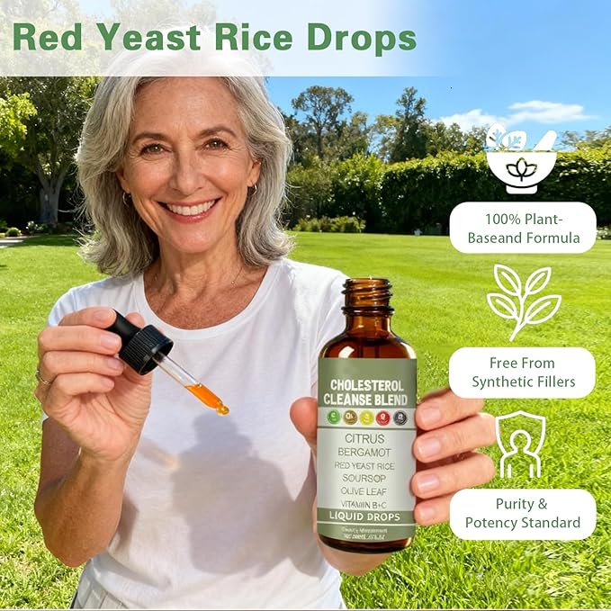 Red Yeast Rice Liquid Drops with Citrus &amp Bergamot | Heart Health &amp Cholesterol Support Formula with Soursop &amp Olive Leaf | Vegan Non-GMO Dietary Supplement 2 fl oz
