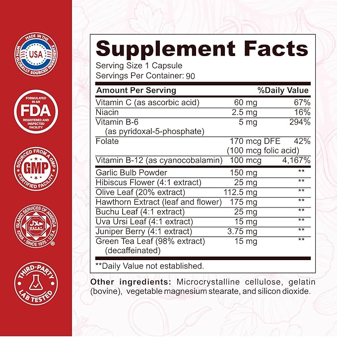 Blood Pressure Support Supplement - Circulation Support &amp Heart Health Supplements - 13-in-1 Formula with Hawthorn Berry Hibiscus &amp Garlic Supplements - 90 Capsules (3-Month Supply)