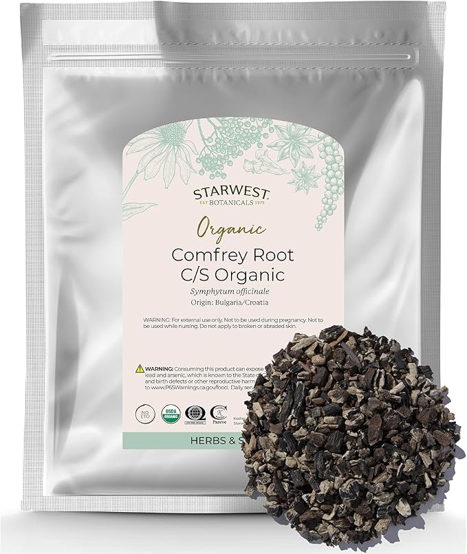 Starwest Botanicals Organic Dried Comfrey Root - Natural Herb for Topical Application Salve or Oil Cut &amp Sifted Certified Kosher Non-GMO - Bulk 1 lb Bag