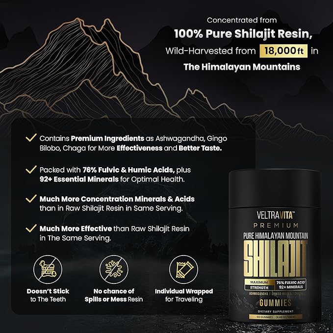Pure Himalayan Shilajit Gummies with Ginkgo Biloba Chaga &amp KSM-66 Ashwagandha | Shilajit for Men &amp Women |10000 mg Max Potency | 76%+ Fulvic Acid &amp 92+ Trace Minerals | Sugar Free