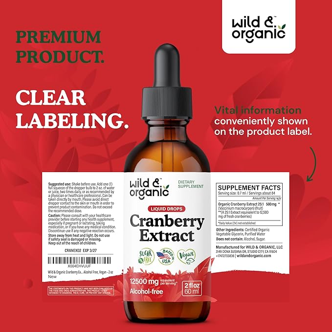 Wild &amp Organic Cranberry Supplement Drops 12500 mg - Urinary Tract Support for Women &amp Men - Pure Cranberry Extract Liquid Supplement - Vegan Sugar &amp Alcohol-Free Tincture - 2 fl oz