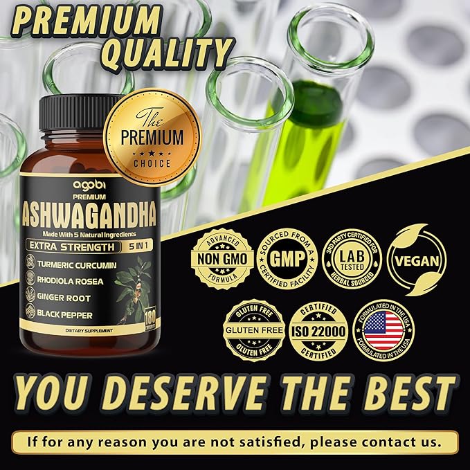 5in1 Premium Ashwagandha Capsules - Added Turmeric Rhodiola Rosea Ginger Black Pepper - 180 Caps for 6 Months