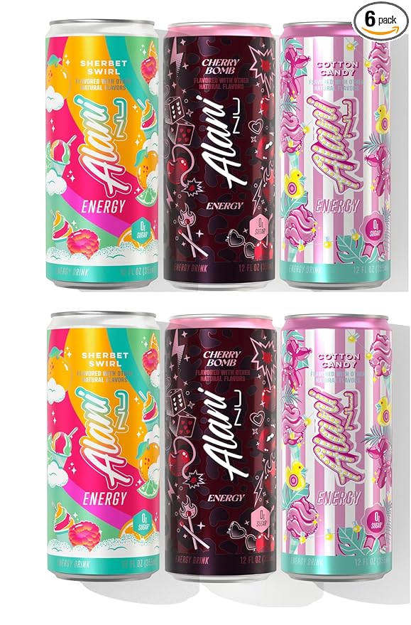 Alani energy drink Cotton Candy Cherry Bomb &amp Sherbet Swirl variety pack 6 Cans - Sugar Free Low Calorie Energy Drinks - Pre Workout Performance Zero Sugar 12 Fl Oz Cans