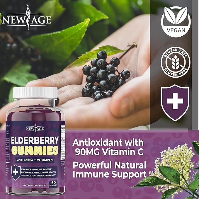 NEW AGE (2-Pack) Premium Elderberry Gummies for Adults Kids with Vitamin C Zinc Propolis - Sambucus Black Elderberry Gummy Extract - Gluten Free &amp Vegetarian - 120 Gummies