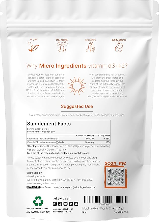 Micro Ingredients Multi Collagen Protein Powder 16oz &amp Vitamin D3 5000iu + K2 100mcg Softgels Bundle 2 Pack | Grass-Fed Collagen Peptides | Essential Sunshine Vitamins