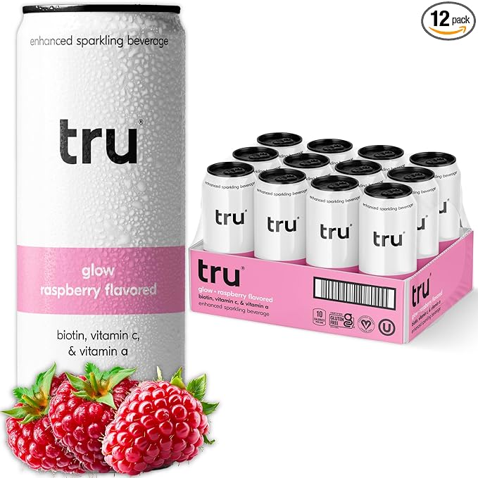 Tru Glow Seltzer Sparkling Water with Biotin Vitamin C Vitamin A &amp Real Raspberry Juice Sweetened with Monk Fruit &amp Stevia Gluten Free Vegan Caffeine &amp Sugar Free 12 FL OZ Cans 12
