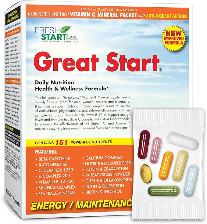 Great Start All-in-One Daily Vitamin Pack - Essential Nutrition - Vitamins C D3 K2 B-Complex Zinc Trace Minerals Super Greens &amp Marine Collagen - 30 Day Supply