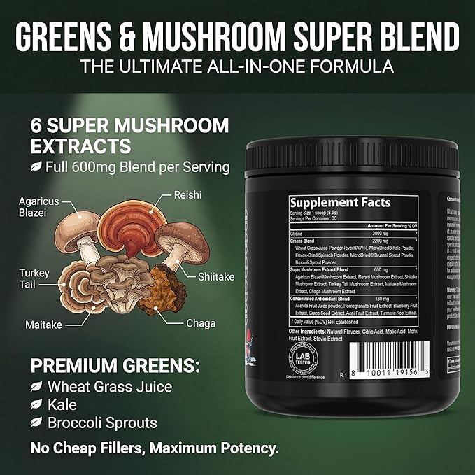 PEScience Greens Powder Superfood with Natural Chlorophyll Reishi &amp Turkey Tail Mushroom Powders Freeze-Dried Kale Spinach Broccoli Sprouts - Berry Flavor 30 Servings