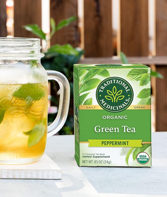 Traditional Medicinals Organic Green Tea Peppermint Herbal Tea Alleviates Digestive Discomfort (Pack of 3) - 48 Tea Bags Total