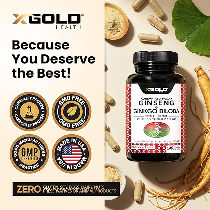 X Gold Health Korean Red Panax Ginseng + Ginkgo Biloba – 7% Ginsenosides Extra Strength – Energy Memory Focus &amp Brain Support – Premium Supplement for Men &amp Women – Non-GMO 120 Vegan Capsul