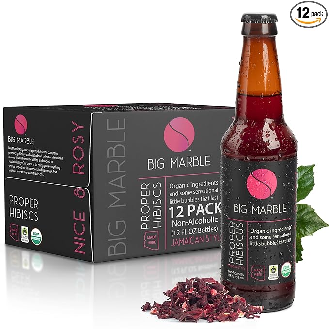 Big Marble Organic Proper Hibiscus Premium Non-Alcoholic Low Sugar Floral &amp Tart Fair Trade Certified Real Hibiscus No Artificial Sweeteners/Colors for Cocktails &amp Mocktails - 12 Pack
