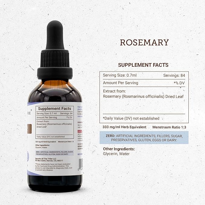 Secrets of the Tribe Rosemary Alcohol-Free Liquid Extract Rosemary (Rosmarinus Officinalis) Dried Leaf Tincture Supplement (2 FL OZ)