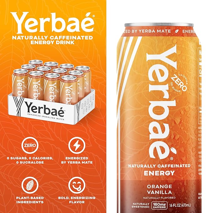 Yerbae Sparkling Water – Orange Vanilla Flavored Seltzer with Caffeine Antioxidants Yerba Mate Natural Energy Drink – 12 Pack of 16oz Cans – Zero Sugar No Calories Non-GMO