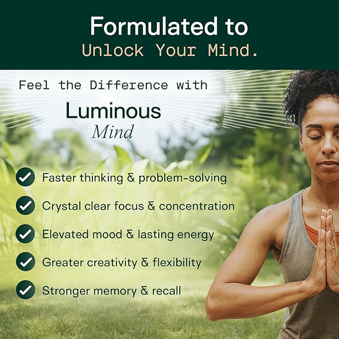 Adapt Naturals Luminous Mind Nootropic Brain Supplement with Ginkgo Biloba Bacopa and Lions Mane | Memory Focus Mental Clarity and Elevated Mood Support | No Caffeine Crash Free - 30 Days Supply