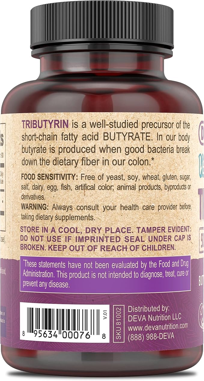 DEVA Vegan Tributyrin Supplement - Butyrate Precursor Gut Barrier Support Butyric Acid 500 MG Vegan Capsules Leaky Gut Support Digestion 90 Count