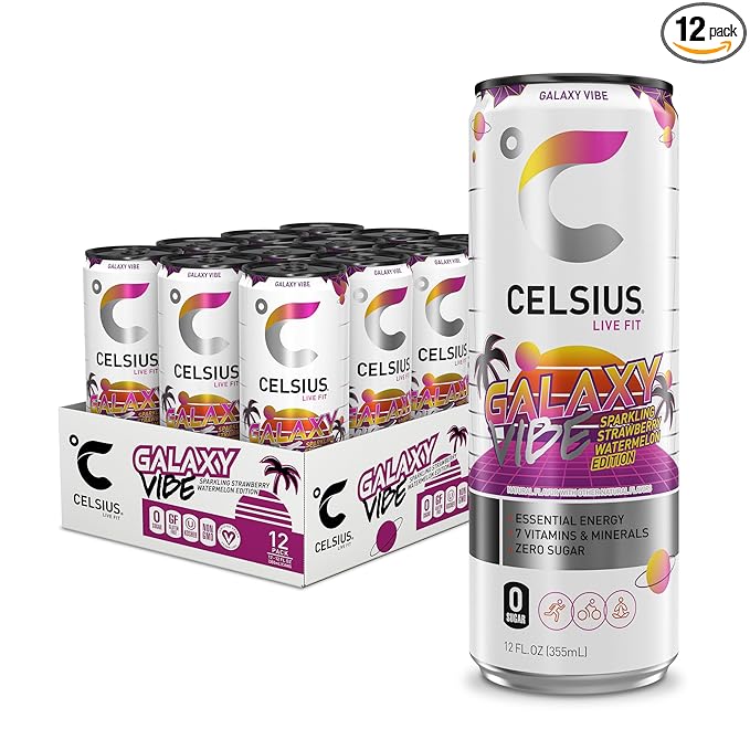 CELSIUS GALAXY VIBE Sparkling Strawberry Watermelon Sugar Free Energy Drink 12 Fl Oz (Pack of 12)