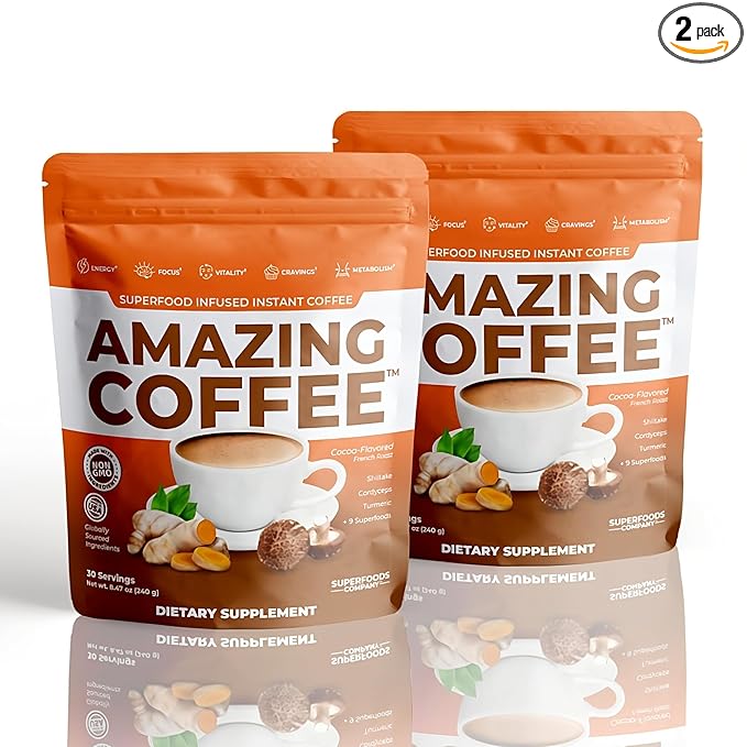 Superfoods Company | Amazing Coffee - Instant French Roast | Adaptogenic Mushrooms Superfoods infused - Energy Focus Digestion Immunity - 60 Servings - Cocoa Flavor