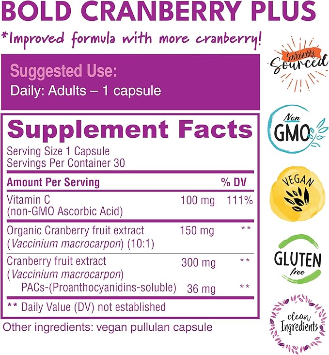 Bold Cranberry Plus Capsules - 100% Soluble 36mg PACs - Cranberry Pills for Women &amp Men with Urinary Tract Support Non-GMO Vitamin C — 30 Vegan Capsules 1 Month Supply