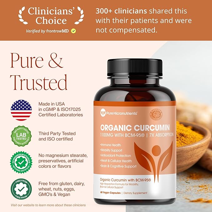 Organic Turmeric Curcumin with Black Pepper &amp BCM-95 - for Inflammatory Support Brain &amp Immune Health - 60 Vegan Turmeric Capsules 1000mg Per Serve - Herbal Curcumin Supplements
