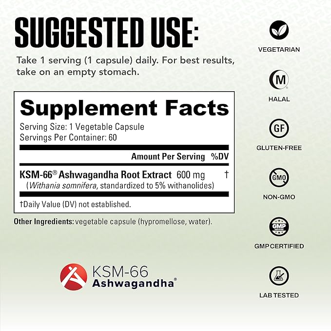 NutraBio Ashwagandha KSM-66 | Ashwagandha Herbal Supplement for Stress Mood &amp Performance | 600 MG of Clinically Studied KSM66 60 Capsules
