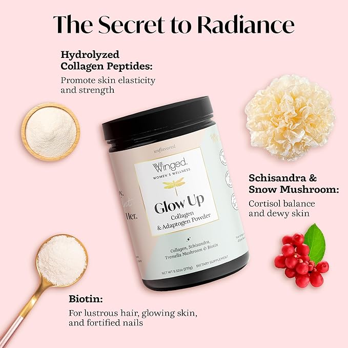 Winged Wellness Glow Up Collagen Powder for Women - Hair Skin &amp Nails Beauty Supplement with Grass-Fed Hydrolyzed Collagen Peptides Adaptogens Vitamin C &amp Biotin - 25 Servings Unflavored