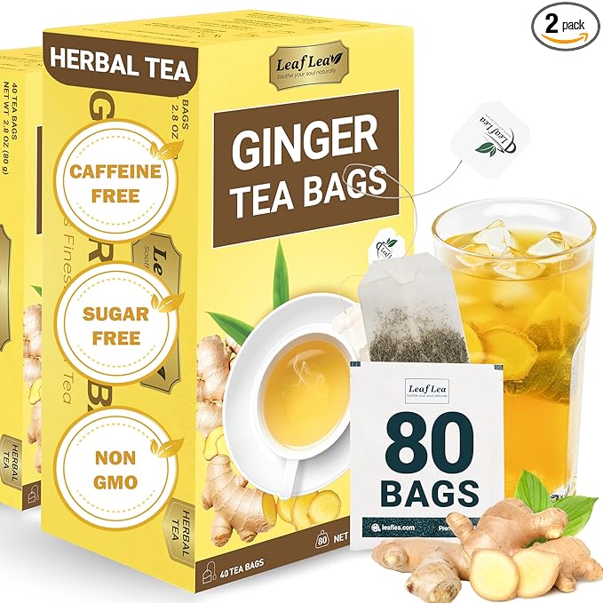 LeafLea 100% Pure Ginger Root Tea Bags – Spicy &amp Warming Herbal Tea Supports Digestion &amp Immune Health Individually Wrapped Non-GMO Caffeine Free Sugar Free No Gluten