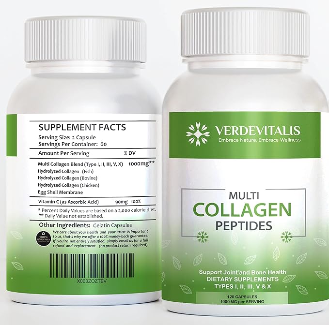 Multi Collagen Peptides Capsules -Non-GMO&ampGluten Free Type I II III V X Hydrolyzed Collagen Supplements with Vitamin C - Supports Healthy Hair Skin Nails &amp Joints - 120 CPS