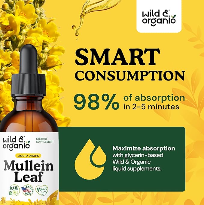 Wild &amp Organic Mullein Drops for Lungs - Herbal Detox and Cleanse - Mullein Leaf Extract for Lungs with Echinacea - Verbascum Thapsus Tincture - Vegan Sugar &amp Alcohol-Free Liquid Supplement -
