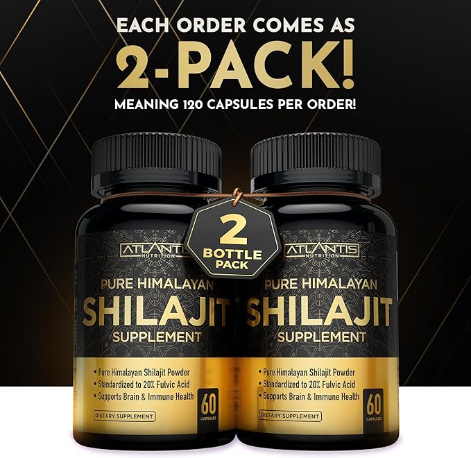 Atlantis Nutrition Himalayan Shilajit Capsules Formulated with 20% Fulvic Acid | 1000MG Per Serving — 10:1 Extract | USA Made | Himalayan Shilajit Supplement for Men &amp Women | 120 Capsules